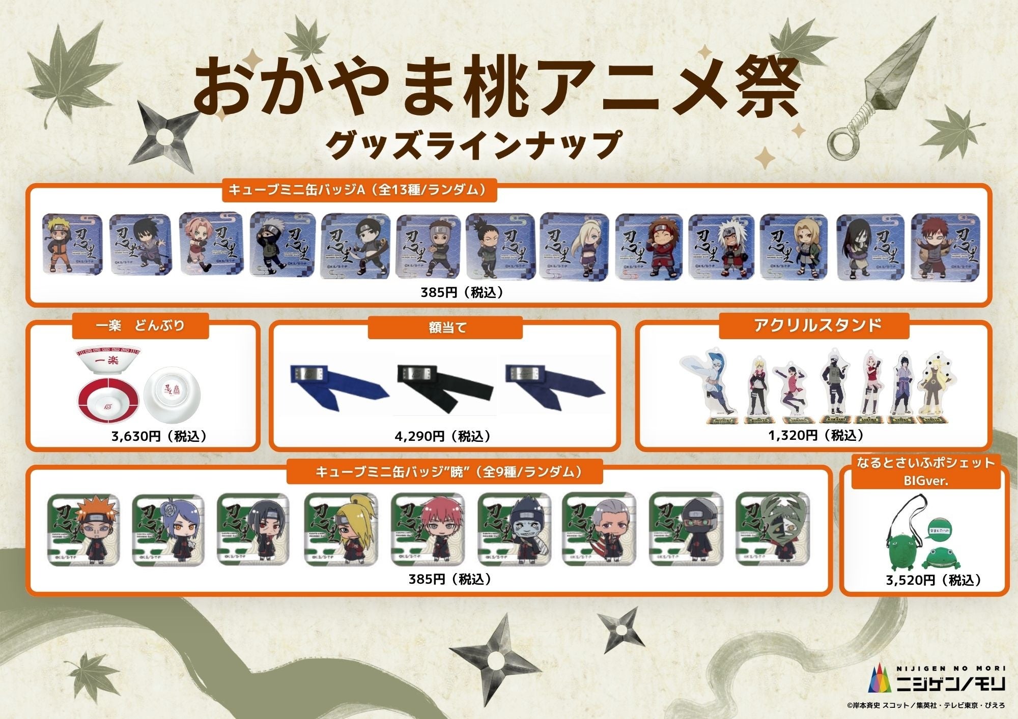 NARUTO＆BORUTO 忍里の当該イベント正式販売ボード。税込掲載価格・ランダム表記はこの画像を根拠に対応